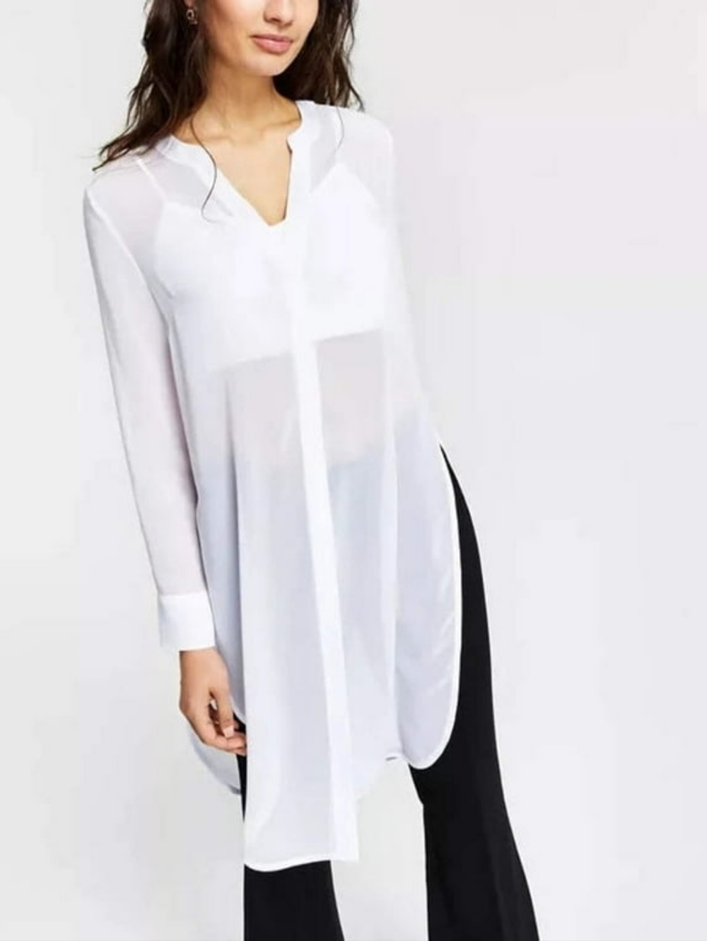 Women's Oversized Flowy Bar III Long Sleeve White Sheer Button Down Tunic Top M